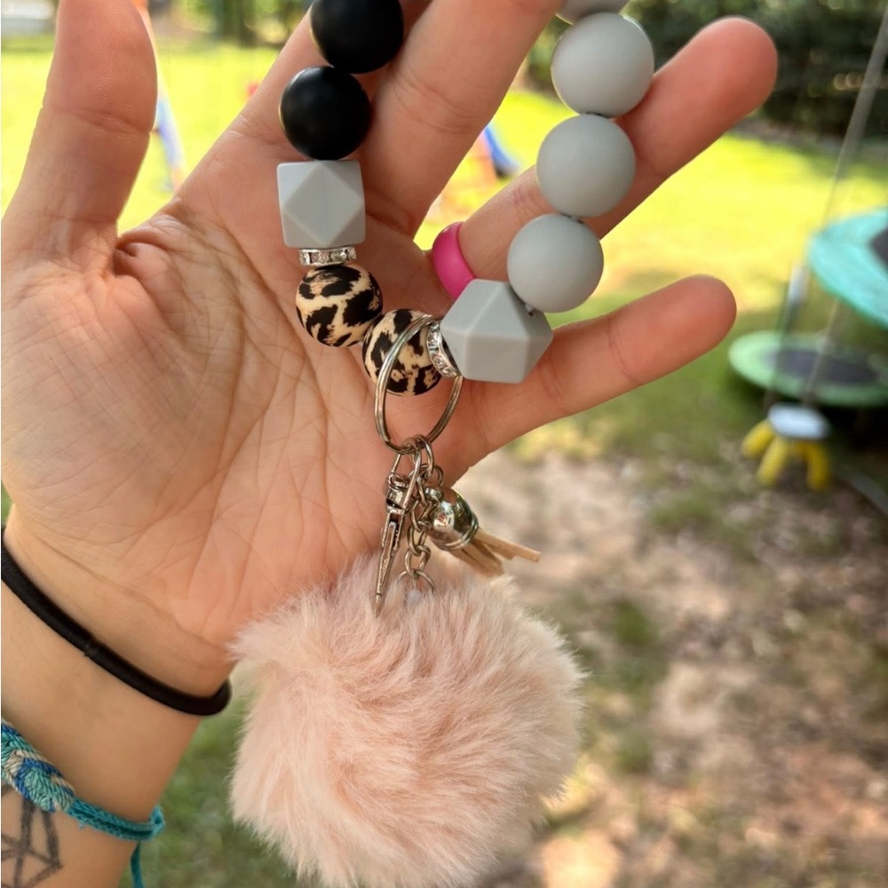 Stylish Gray and Black Beaded Key Holder with Pink Pom